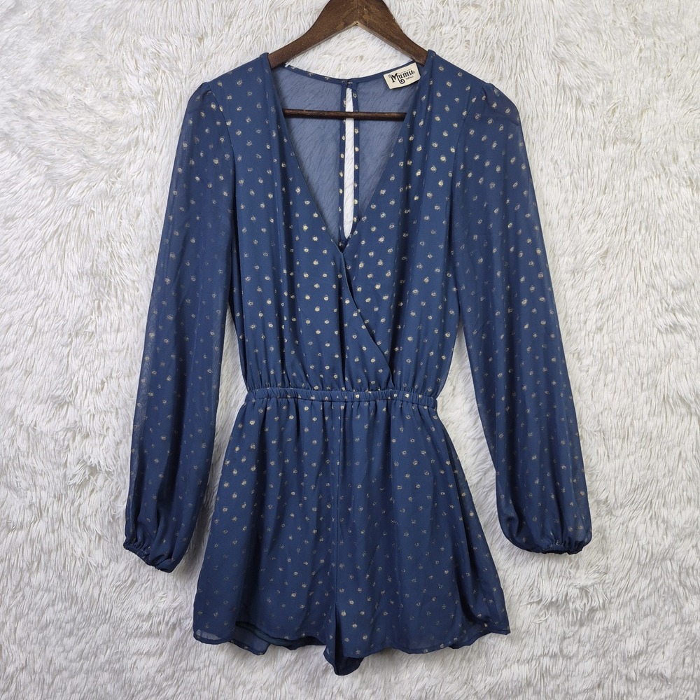 Show Me Your Mumu Romper Long Sleeve Gold Dot Navy Keyhole Back Sz Small